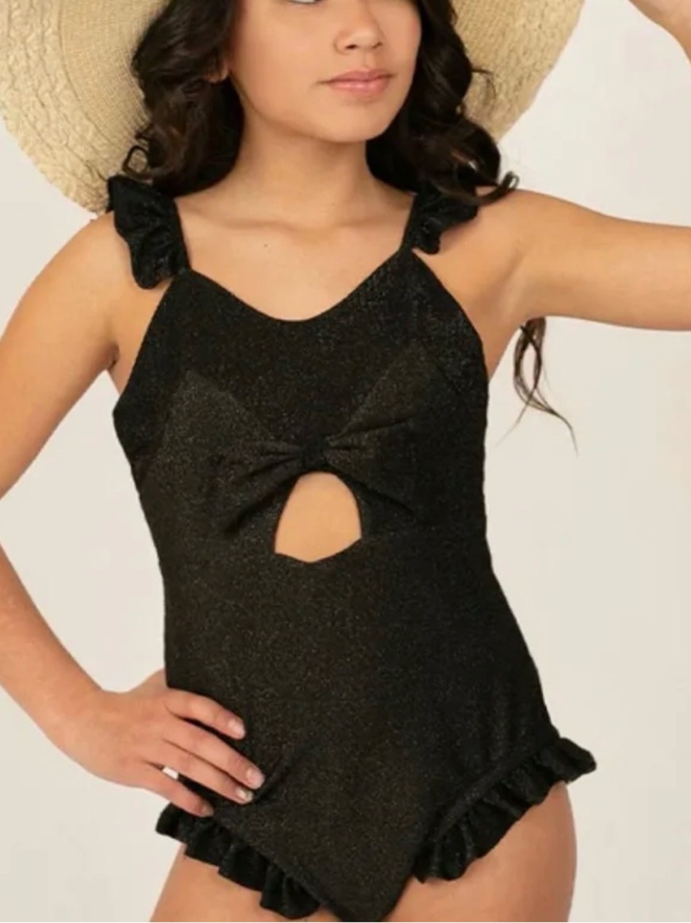 Joyfolie Black Sparkle Ruffle One-Piece with Bow Accent